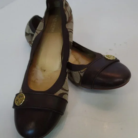 Coach Chelsey Signature Logo Fabric Brown Leather Flats Goldtone Hardware Sz 8 - Picture 14 of 15